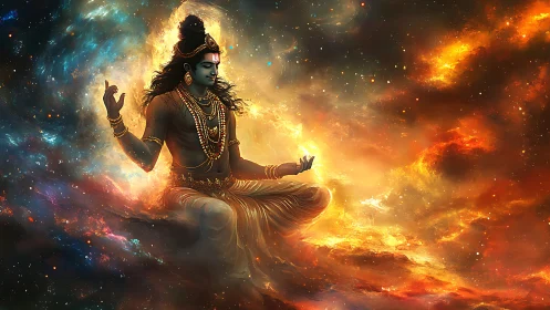 Cosmic meditating deity rendered in luminous nebular digital art