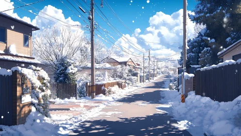 Snow-bright suburban lane humming beneath blue winter sky.
