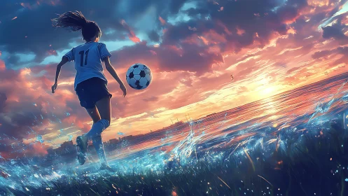 Sunset shoreline soccer run in luminous fantasy seascape.