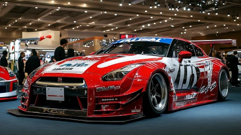Widebody Nissan GT-R race car with aero kit at indoor expo