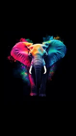 Multicolored frontal elephant rendering on black background