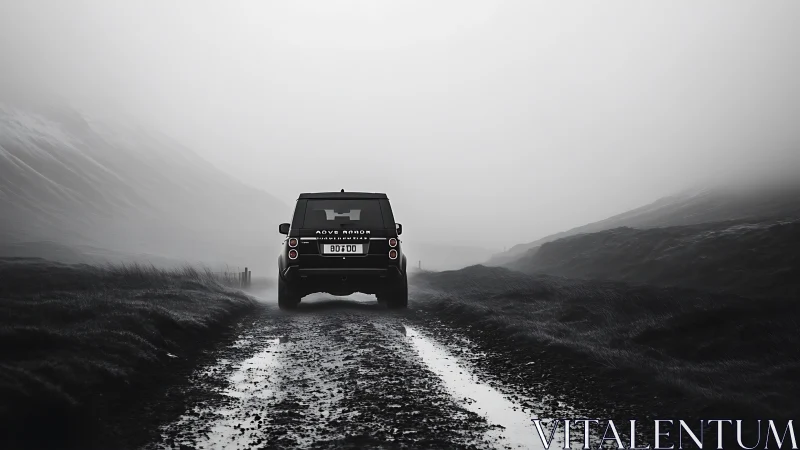 SUV on misty gravel road under dramatic grayscale sky.