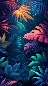 Neon tropical foliage rendered in vibrant digital chiaroscuro
