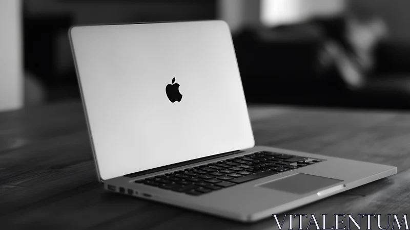 Aluminum laptop on wooden desk in shallow depth monochrome study