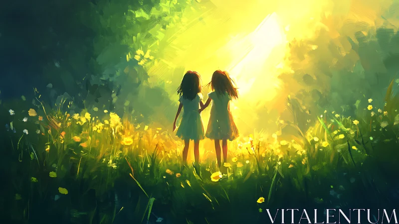 Sunlit meadow sisters walking into luminous wonderland.