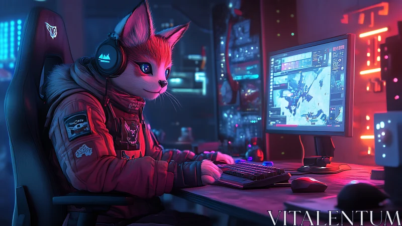 Anthropomorphic fox gamer at computer workstation in neon lab.