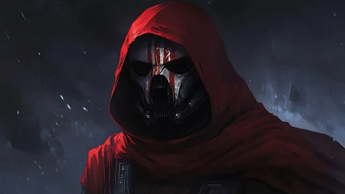 Hooded masked warrior stands in a stormy, shadowed void.