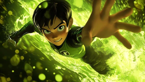 Teen hero figure reaching forward in green energy field.