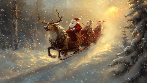 Golden hour Santa sleigh surging through luminous winter forest