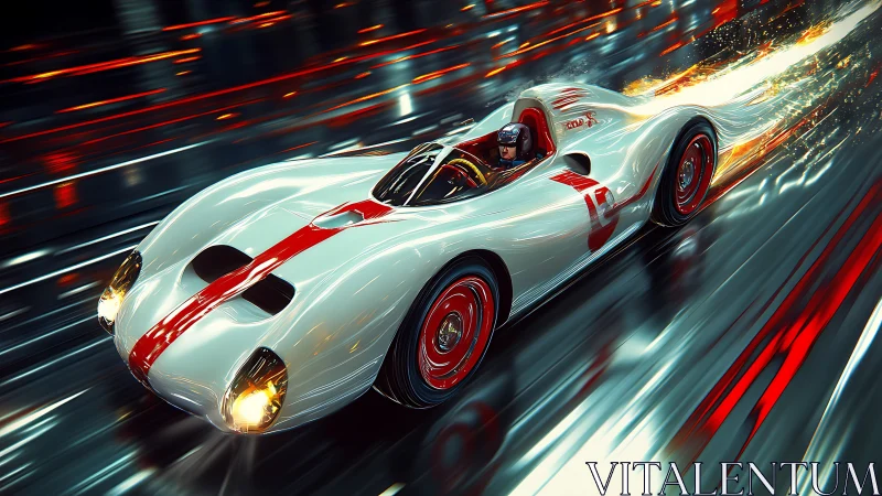Futuristic retro race car accelerates through neon speedway