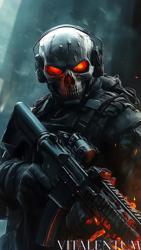 Skull-eyed guardian with blazing rifle in a stormy world.