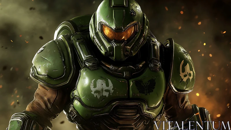 Armored space marine advancing through fiery battleline.