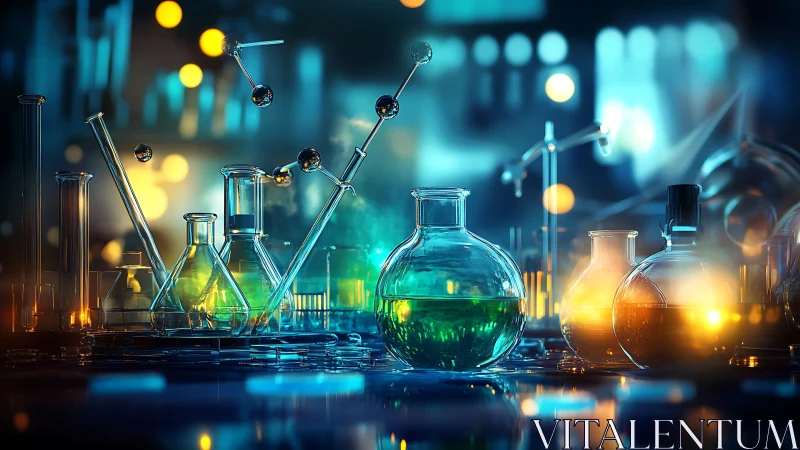 Colorful laboratory glassware under moody scientific lighting.