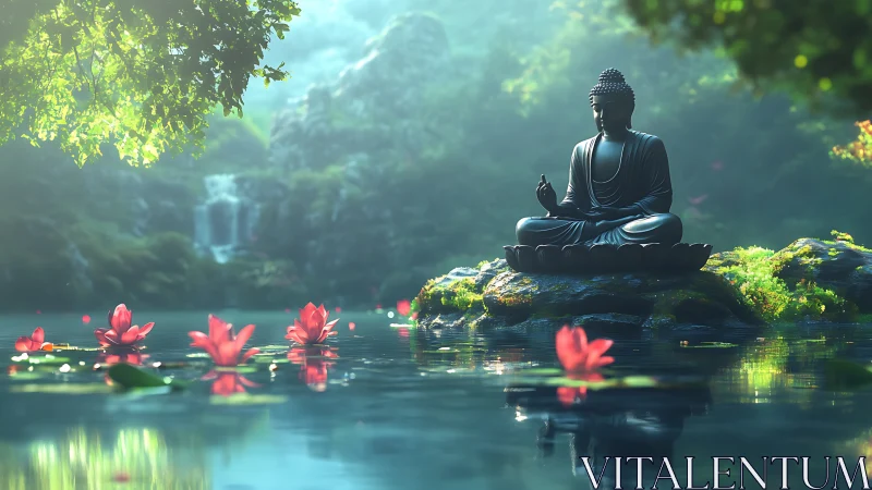 Meditating Buddha statue on mossy rock amid reflective lotus pond
