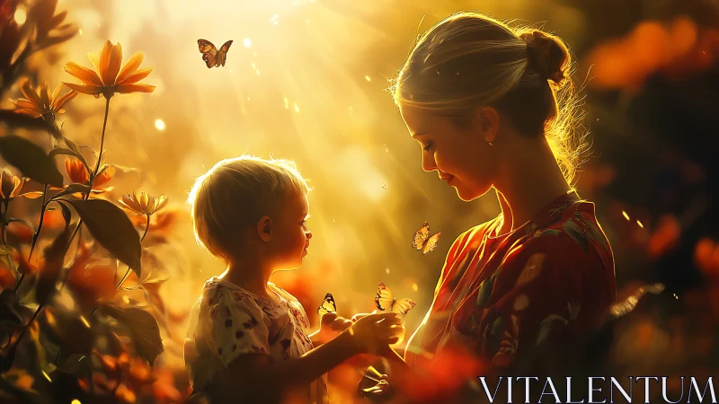 Sunlit butterflies drift between mother and child in bloom