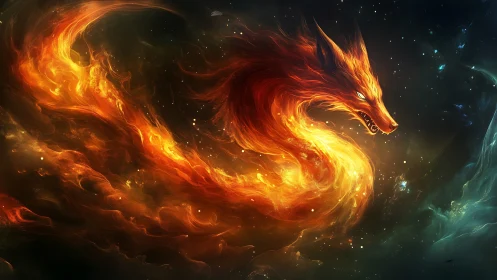 Fiery celestial fox serpent blazes across the cosmic void.