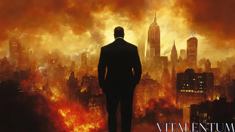 Man in Suit Faces Burning City Skyline