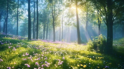 Sunlit Forest Meadow with Blooming Wildflowers and Trees