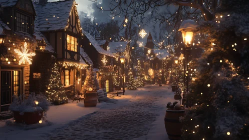 Snow-laden village street under dense festive illumination.