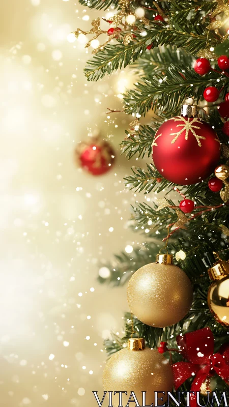 Christmas tree branch with red and gold ornaments in focus.