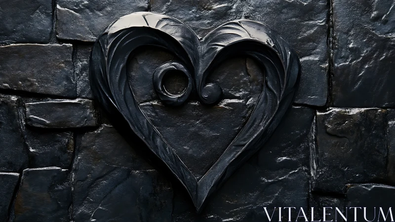 Ornamental Heart Relief on Dark Stone Wall.