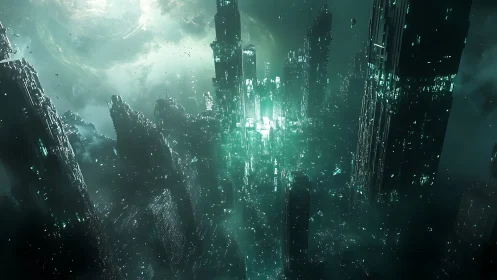 Futuristic green megacity rises amid dense atmospheric fog