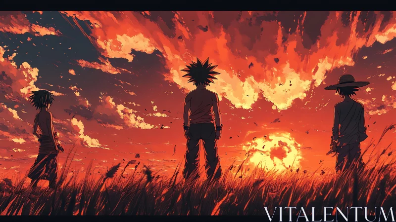 Three silhouetted youths in fiery orange anime sunset field