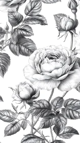 Botanical Graphite Study: Multi-stem Roses with Layered Foliage Composition