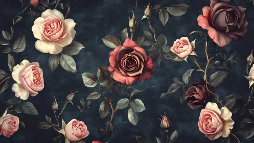 Botanical floral arrangement on dark background.