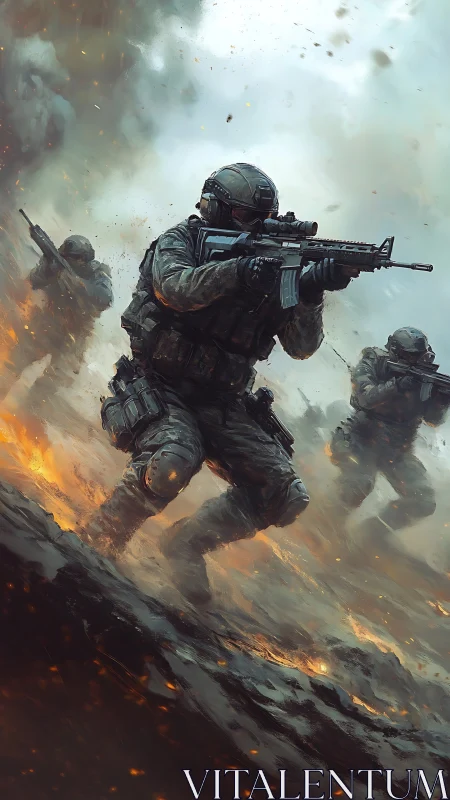 Tactical infantry assault under incendiary battlefield overpressure.