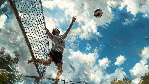 Soaring volleyball player reaches skyward under bright clouds