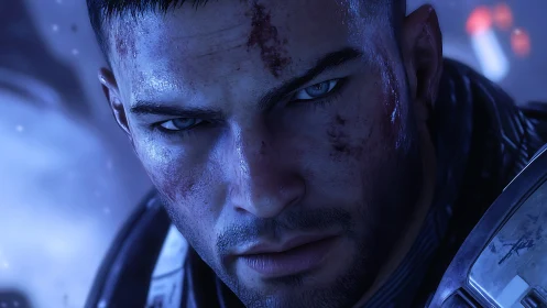 Cinematic 3D close-up of battle-worn sci-fi soldier portrait.