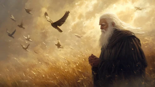 Elderly wanderer walks through golden field beneath rising doves