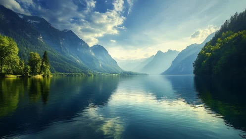 Mountain lake with reflective water and layered ridges.