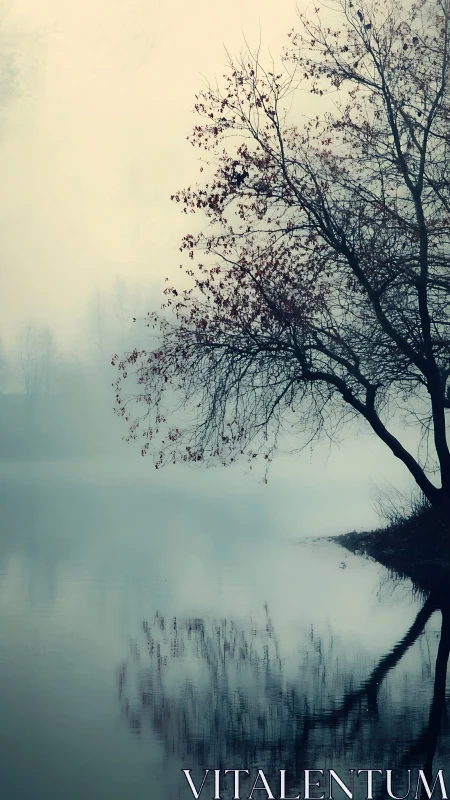 Bare tree leans over misty lake with soft mirrored reflection