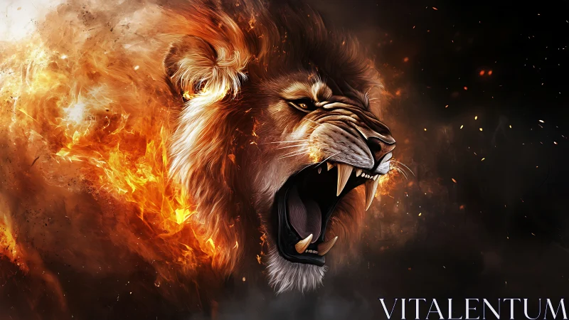 Roaring lion head merges with dynamic fire and particulate embers