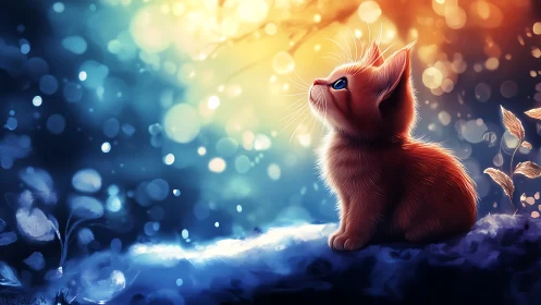 Orange kitten on branch under dual blue and gold lighting.