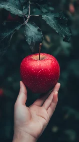 Ripe red orchard apple rests gently above an open hand