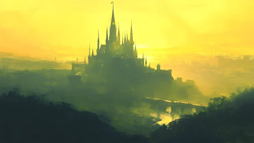 Distant spired castle over river in dense yellow haze.