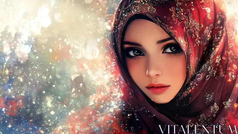 Portrait of woman in ornate red hijab, digital art.