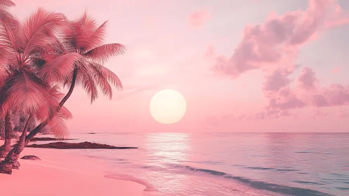 Soft pink sunset welcomes calm waves and gentle palms