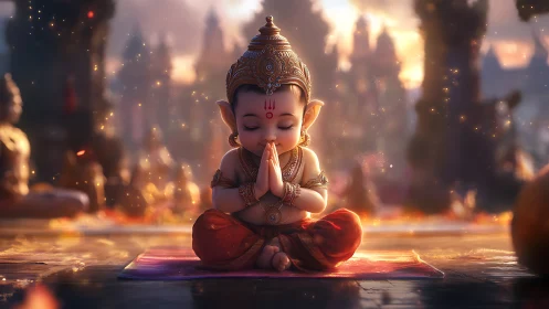 Childlike deity statue sits praying on temple floor at dusk