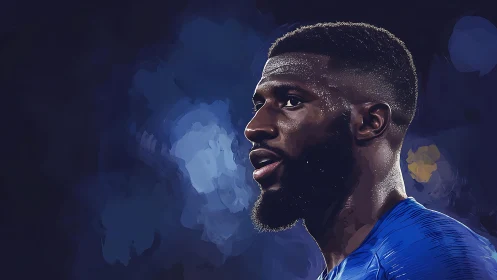 Digital portrait of focused football player on dark field.