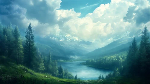 Digital alpine lake valley under towering summer clouds.