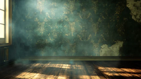 Dusty sunlit room with distressed teal and gold wall.