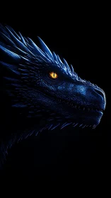 Midnight blue dragon gazes forward with blazing golden eye