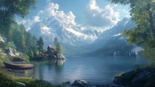 Mountain lake landscape shows cabin, boat and snowy peaks