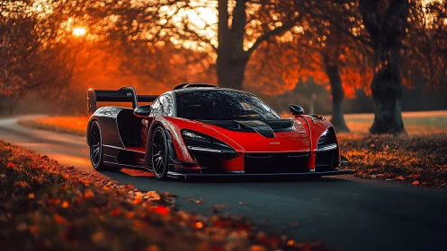 Aerodynamic red hypercar under warm autumn backlit tree canopy