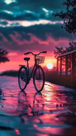 Bicycle silhouetted against burning sunset over wetland.