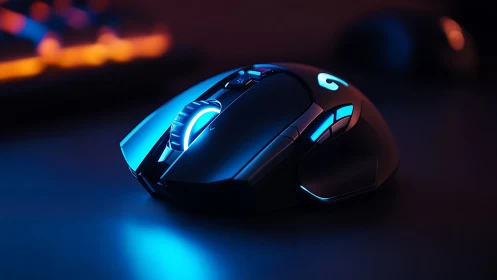 Gaming Mouse Glowing in Neon Blue and Cyan Light